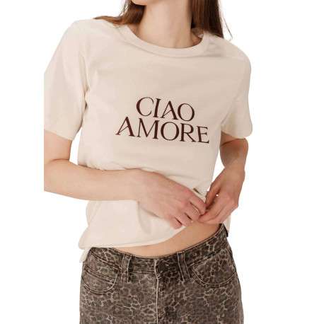T-shirt en coton écru imprimé avec une coupe droite et un col rond - Image 3