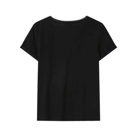 T-shirt en coton mélangé noir uni avec une coupe droite et un col v - Image 2