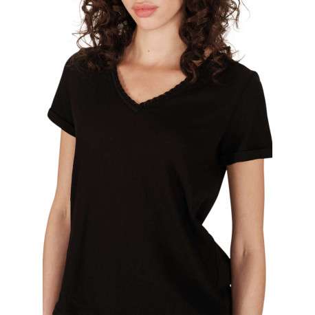 T-shirt en coton mélangé noir uni avec une coupe droite et un col v - Image 3