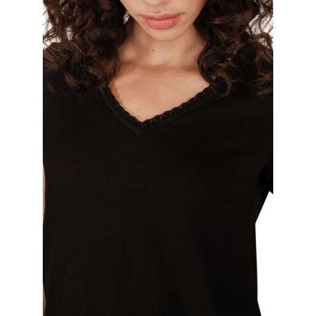 T-shirt en coton mélangé noir uni avec une coupe droite et un col v - Image 5