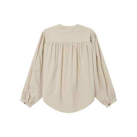 Chemisier en coton beige uni en velours avec une coupe ample et un col rond - Image 2