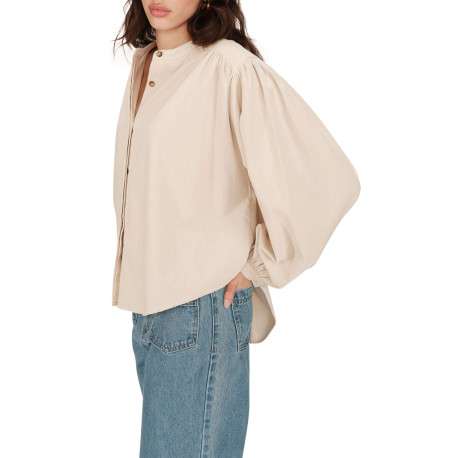 Chemisier en coton beige uni en velours avec une coupe ample et un col rond - Image 3