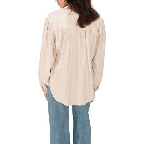 Chemisier en coton beige uni en velours avec une coupe ample et un col rond - Image 4