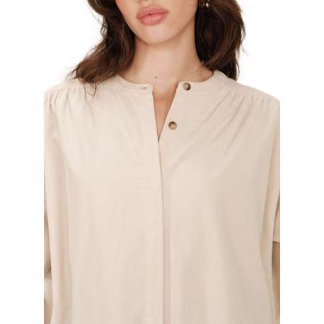 Chemisier en coton beige uni en velours avec une coupe ample et un col rond - Image 5