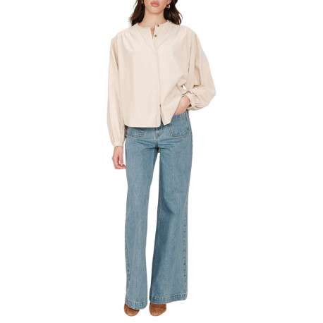 Chemisier en coton beige uni en velours avec une coupe ample et un col rond - Image 6