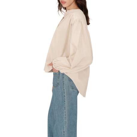 Chemisier en coton beige uni en velours avec une coupe ample et un col rond - Image 7