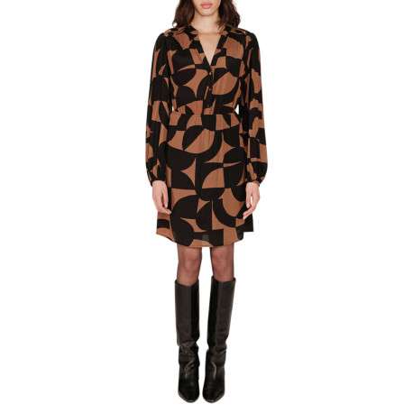 Robe longue chocolat imprimée avec une coupe droite et un col rond fendu - Image 3