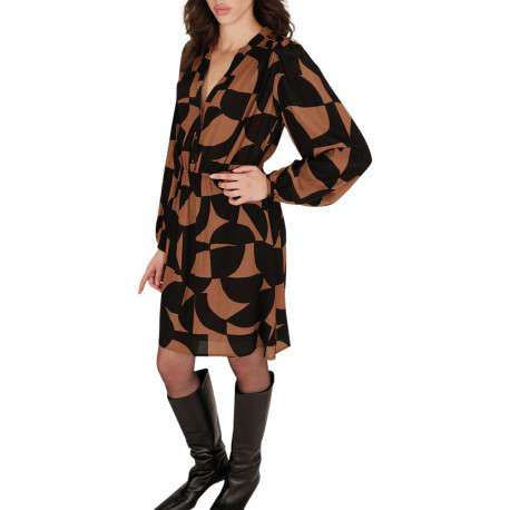 Robe longue chocolat imprimée avec une coupe droite et un col rond fendu - Image 5