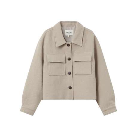 Blouson en laine mélangée beige uni avec une coupe droite et un col chemise
