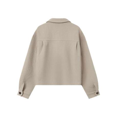 Blouson en laine mélangée beige uni avec une coupe droite et un col chemise - Image 2
