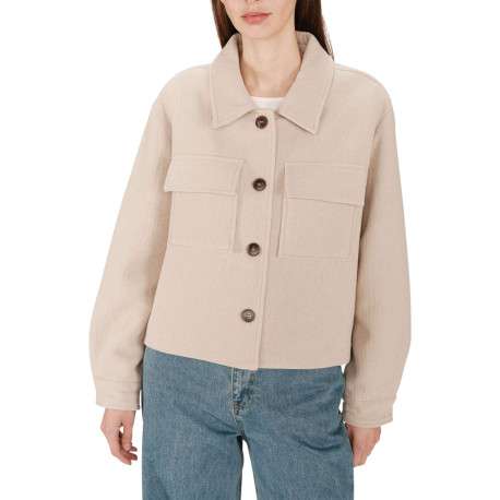 Blouson en laine mélangée beige uni avec une coupe droite et un col chemise - Image 3