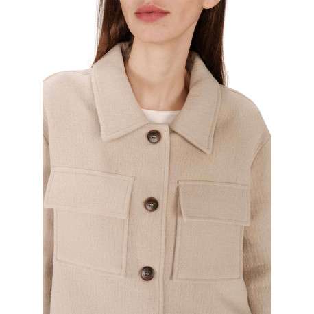 Blouson en laine mélangée beige uni avec une coupe droite et un col chemise - Image 5