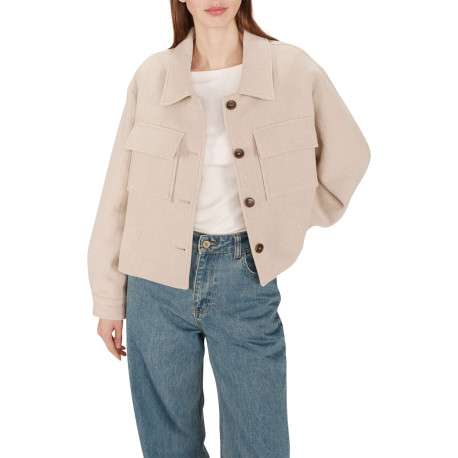Blouson en laine mélangée beige uni avec une coupe droite et un col chemise - Image 6
