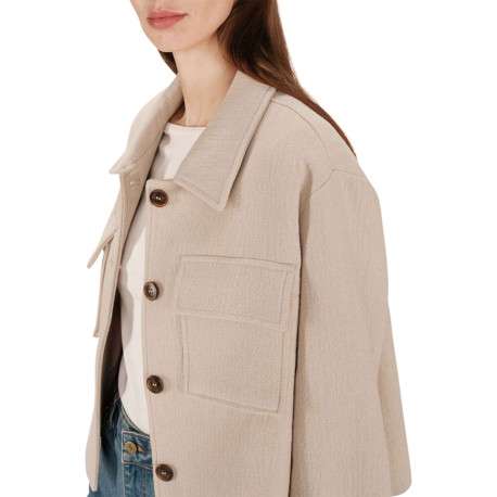Blouson en laine mélangée beige uni avec une coupe droite et un col chemise - Image 7