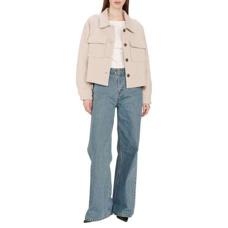 Blouson en laine mélangée beige uni avec une coupe droite et un col chemise - Image 8