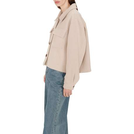 Blouson en laine mélangée beige uni avec une coupe droite et un col chemise - Image 9