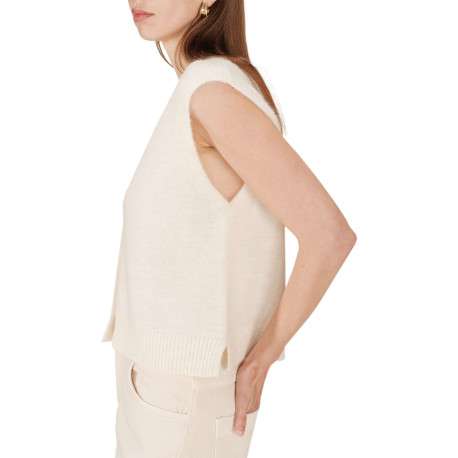 Gilet écru en maille fine avec une coupe ajustée et un col v - Image 7