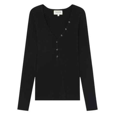 Pull noir en maille côtelée avec une coupe ajustée et un col v profond