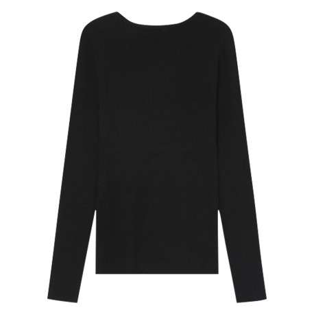 Pull noir en maille côtelée avec une coupe ajustée et un col v profond - Image 2