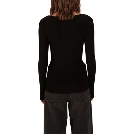 Pull noir en maille côtelée avec une coupe ajustée et un col v profond - Image 4