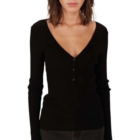 Pull noir en maille côtelée avec une coupe ajustée et un col v profond - Image 5