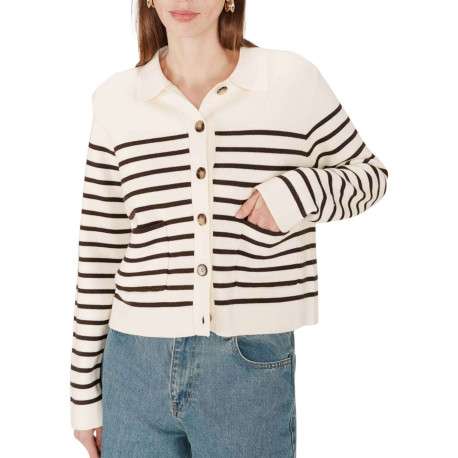 Gilet écru rayé en maille fine avec une coupe droite et un col chemise - Image 3