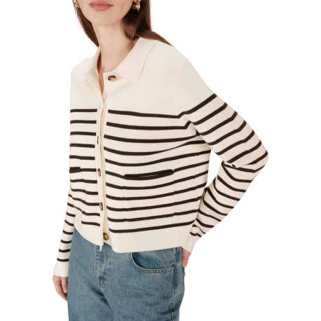 Gilet écru rayé en maille fine avec une coupe droite et un col chemise - Image 5