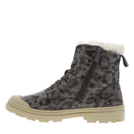 Bottines grises à imprimé léopard à talon décroché bas avec zip et lacets