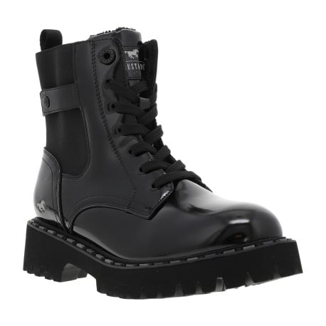 Bottines noires vernis à talon décroché bas avec des lacets plats et un zip - Image 3