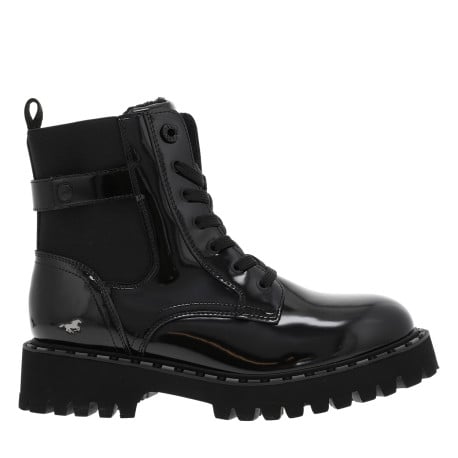 Bottines noires vernis à talon décroché bas avec des lacets plats et un zip