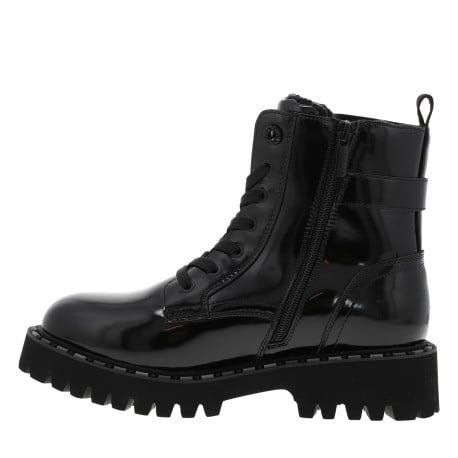 Bottines noires vernis à talon décroché bas avec des lacets plats et un zip - Image 2