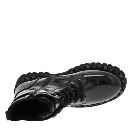 Bottines noires vernis à talon décroché bas avec des lacets plats et un zip - Image 4