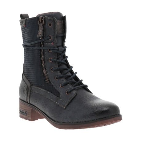 Bottines bleu marine à talon décroché bas avec un zip et des lacets ronds - Image 3