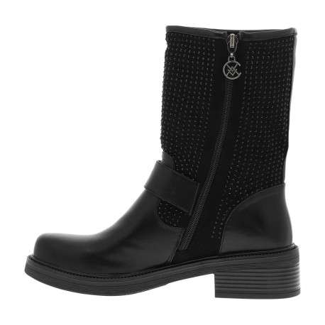 Boots noires à strass avec un talon décroché bas et un zip avec logo
