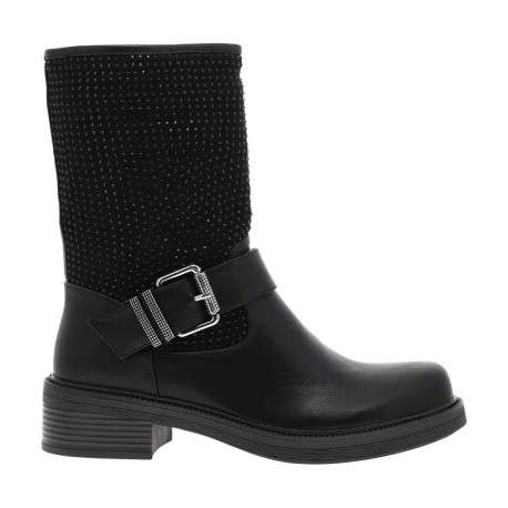 Boots noires à strass avec un talon décroché bas et un zip avec logo - Image 2