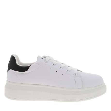 Tennis blanches à talon plateau avec des lacets plats et logo brodé - Image 2