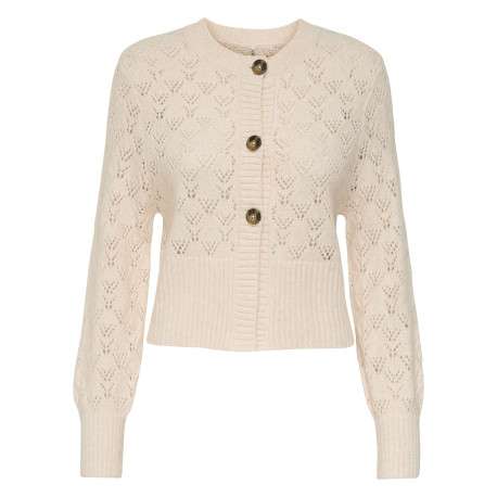 Gilet beige en maille ajourée pourvu d'un col rond et de manches longues