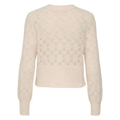 Gilet beige en maille ajourée pourvu d'un col rond et de manches longues - Image 2