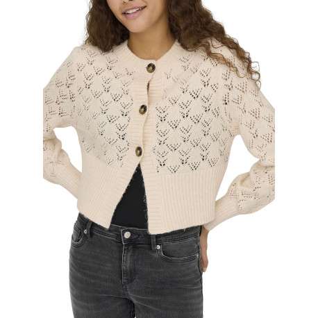Gilet beige en maille ajourée pourvu d'un col rond et de manches longues - Image 3