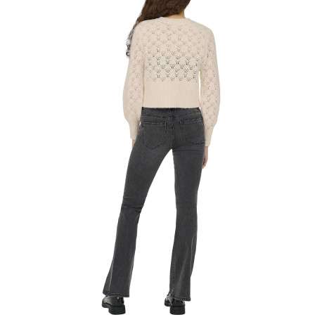Gilet beige en maille ajourée pourvu d'un col rond et de manches longues - Image 4