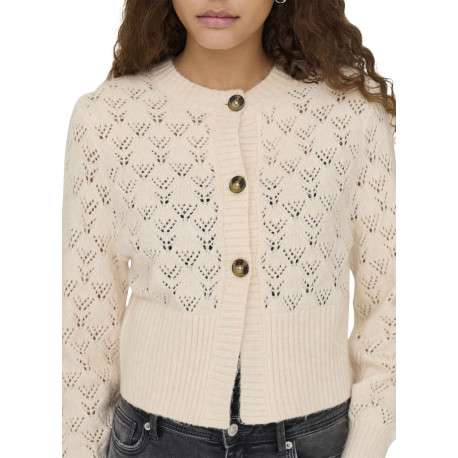 Gilet beige en maille ajourée pourvu d'un col rond et de manches longues - Image 5