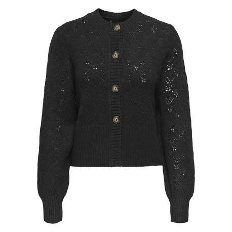 Gilet noir en maille ajourée pourvu d'un col rond et de manches longues