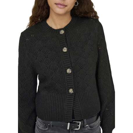 Gilet noir en maille ajourée pourvu d'un col rond et de manches longues - Image 5