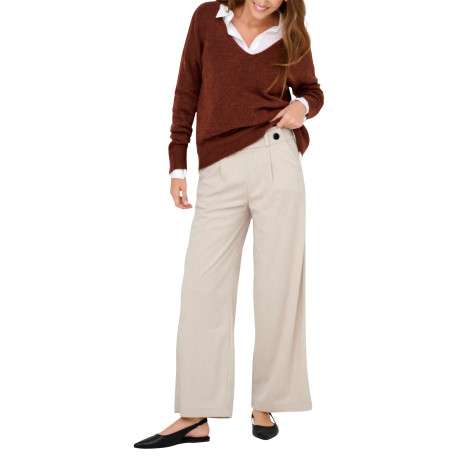 Pantalon chino beige uni avec une coupe flare et une taille élastiquée - Image 5