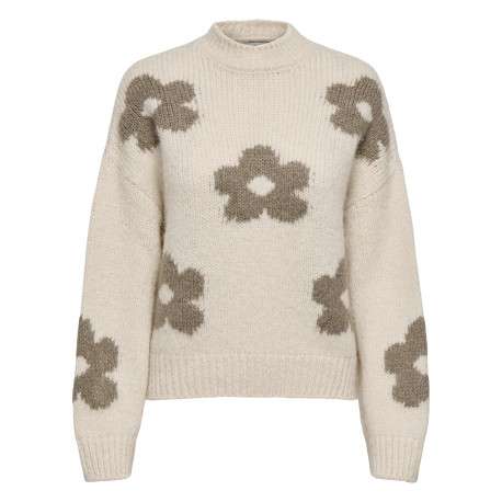 Pull écru et kaki à manches longues orné d'un motif floral oversize