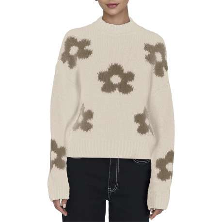 Pull écru et kaki à manches longues orné d'un motif floral oversize - Image 3