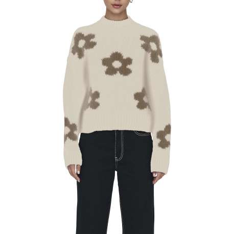 Pull écru et kaki à manches longues orné d'un motif floral oversize - Image 6