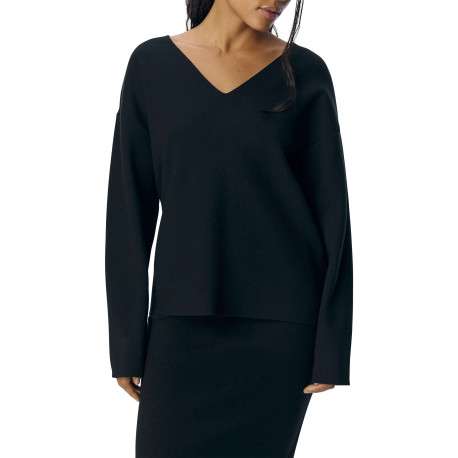 Pull noir uni coupe ample pourvu d'un col v et de manches longues - Image 2