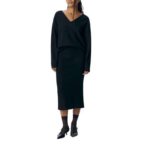 Pull noir uni coupe ample pourvu d'un col v et de manches longues - Image 5