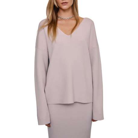 Pull gris uni coupe ample pourvu d'un col v et de manches longues - Image 6